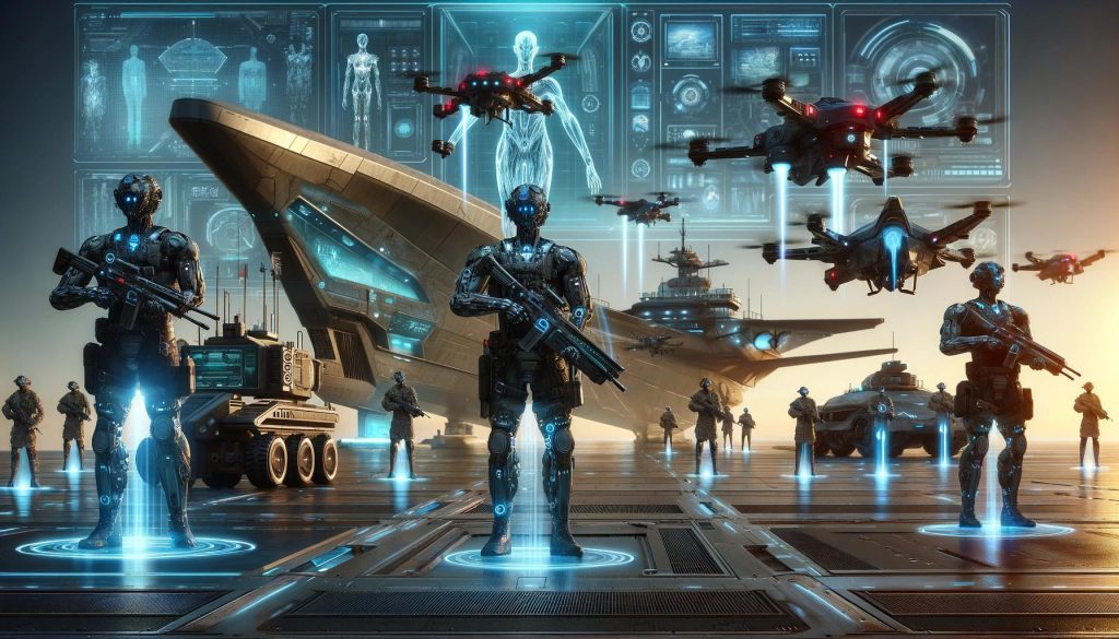 A futuristic military scene showcasing high-tech weapons