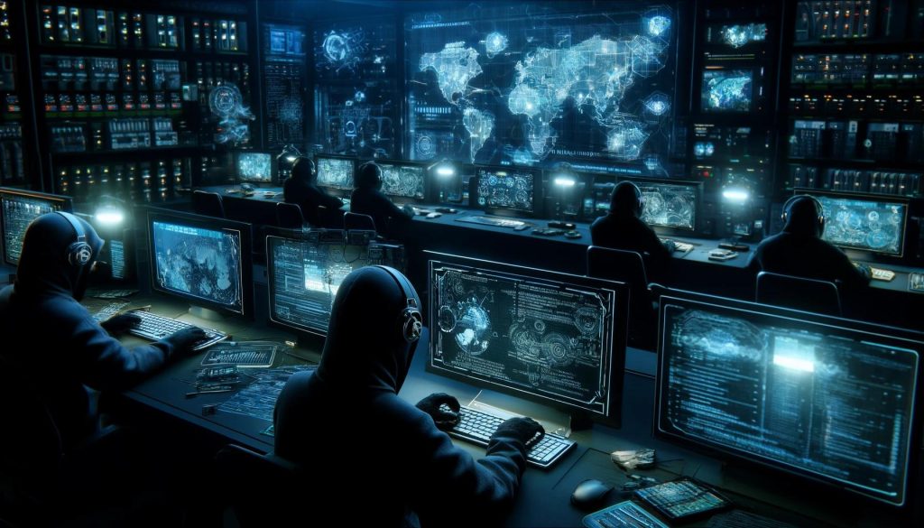 A high-tech scene illustrating cyberwarfare