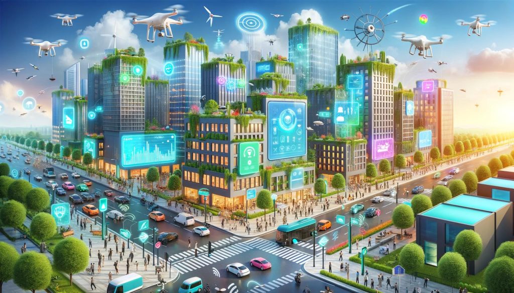 A vibrant and futuristic cityscape with advanced technology